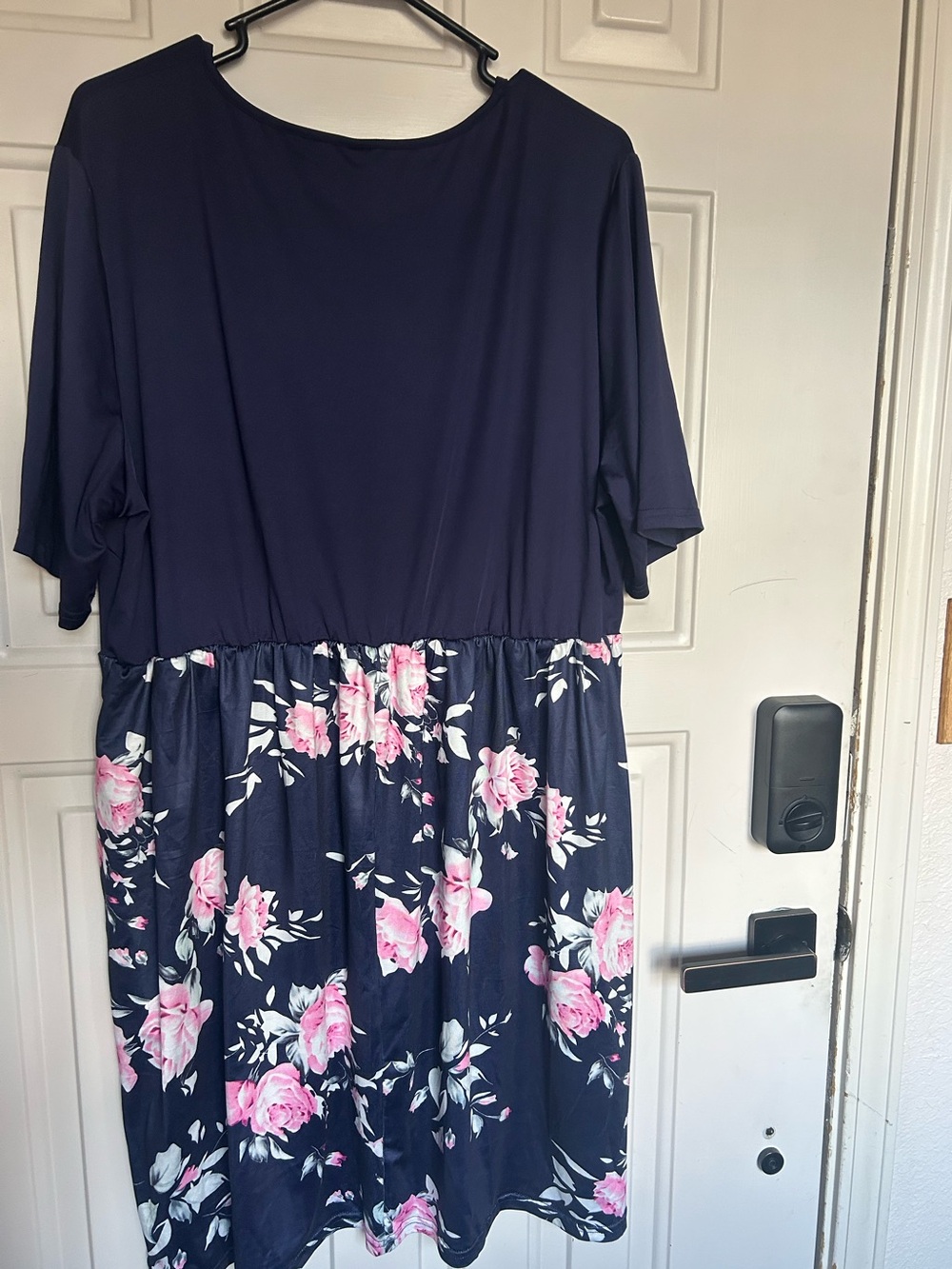 Navy Floral Waist-Detail Dress with Pink Roses - Picture 2 of 5